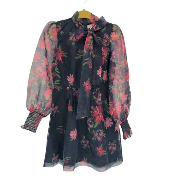New NoTag Rachel Parcell Floral Tie Neck Long Sleeve Organza Satin Dress Size 4 - Picture 2 of 8